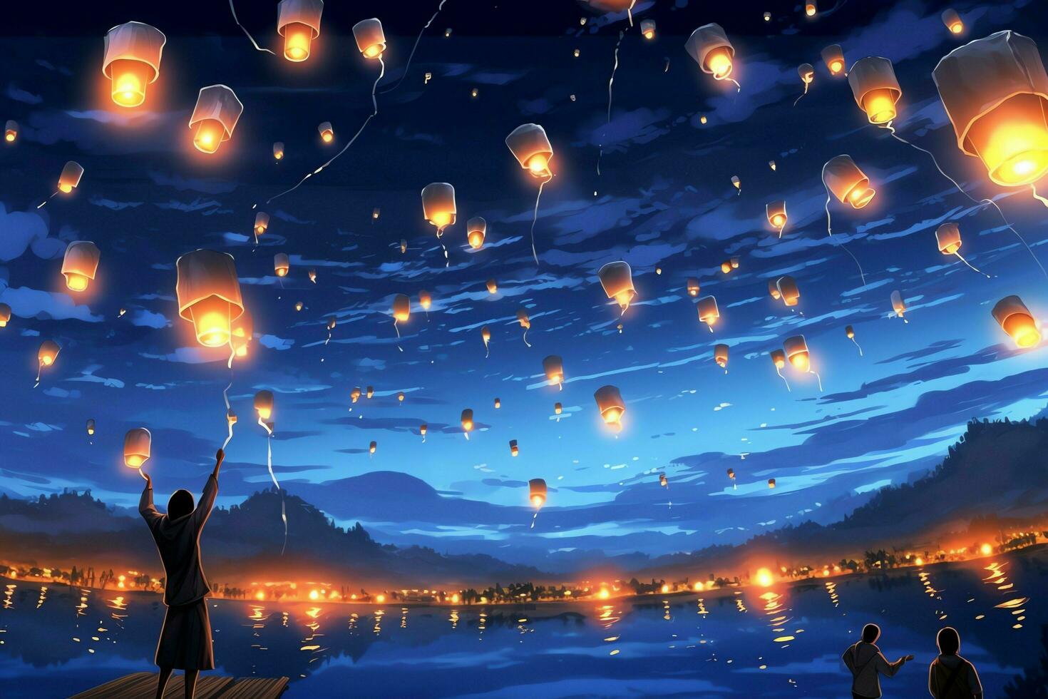 Flying lanterns in the night sky during the diwali festival india, yee peng or midautumn day in china concept by AI Generated photo