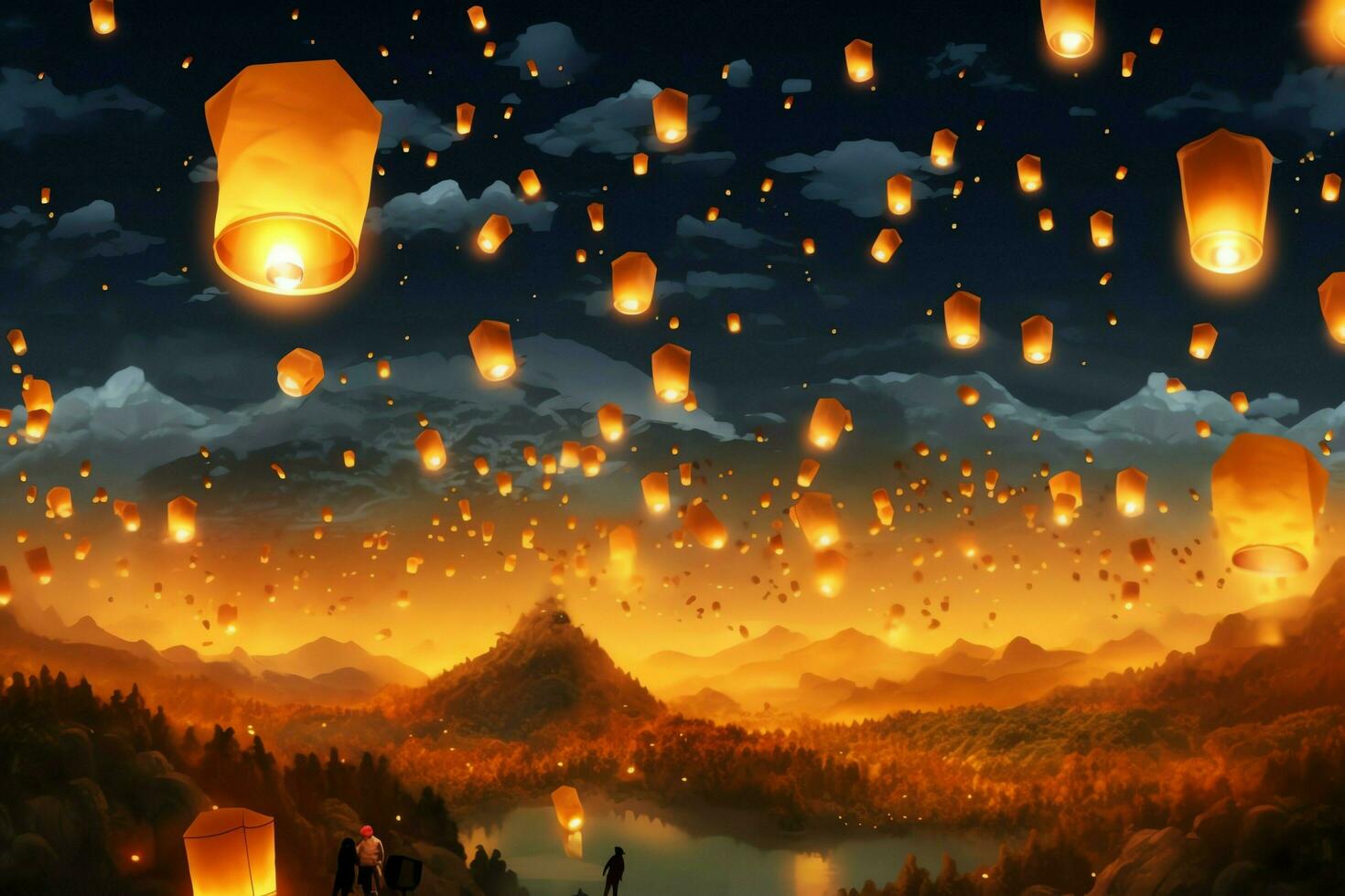 Flying lanterns in the night sky during the diwali festival india, yee peng or midautumn day in china concept by AI Generated photo