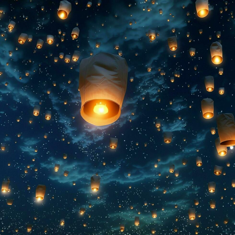 Flying lanterns in the night sky during the diwali festival india, yee peng or midautumn day in china concept by AI Generated photo