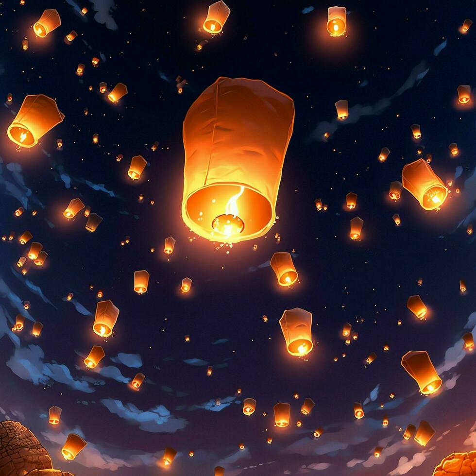 Flying lanterns in the night sky during the diwali festival india, yee peng or midautumn day in china concept by AI Generated photo
