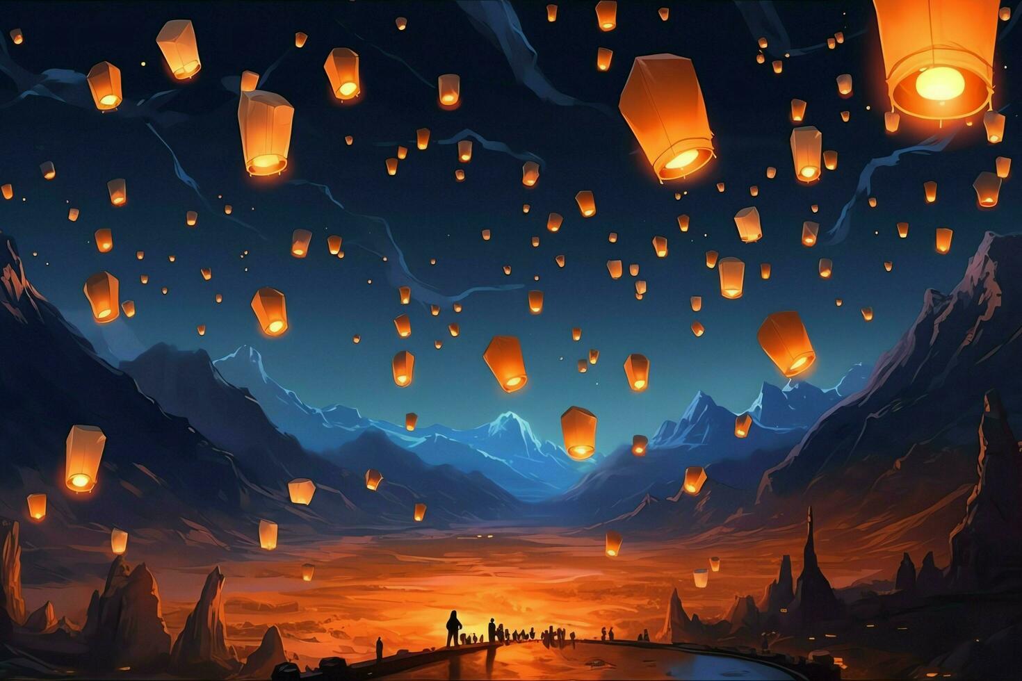 Flying lanterns in the night sky during the diwali festival india, yee peng or midautumn day in china concept by AI Generated photo