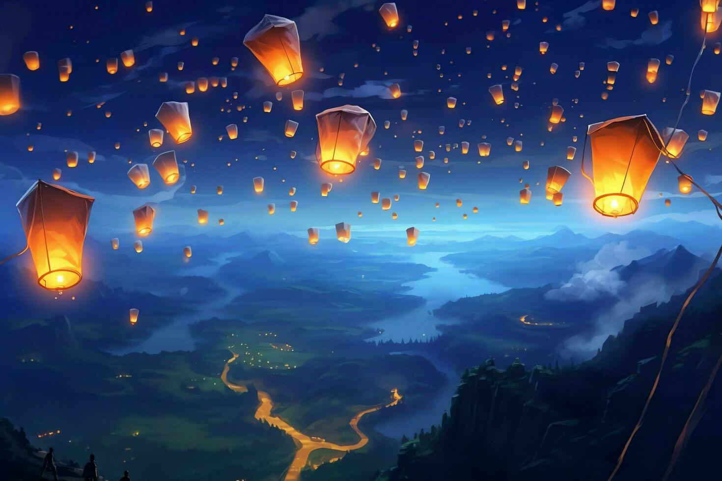 Flying lanterns in the night sky during the diwali festival india, yee peng or midautumn day in china concept by AI Generated photo