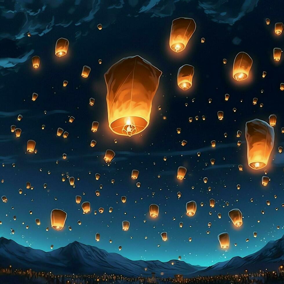 Flying lanterns in the night sky during the diwali festival india, yee peng or midautumn day in china concept by AI Generated photo