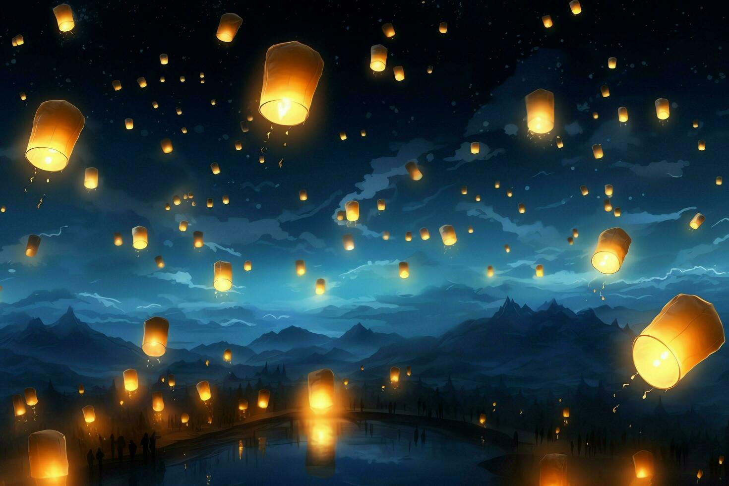 Flying lanterns in the night sky during the diwali festival india, yee peng or midautumn day in china concept by AI Generated photo