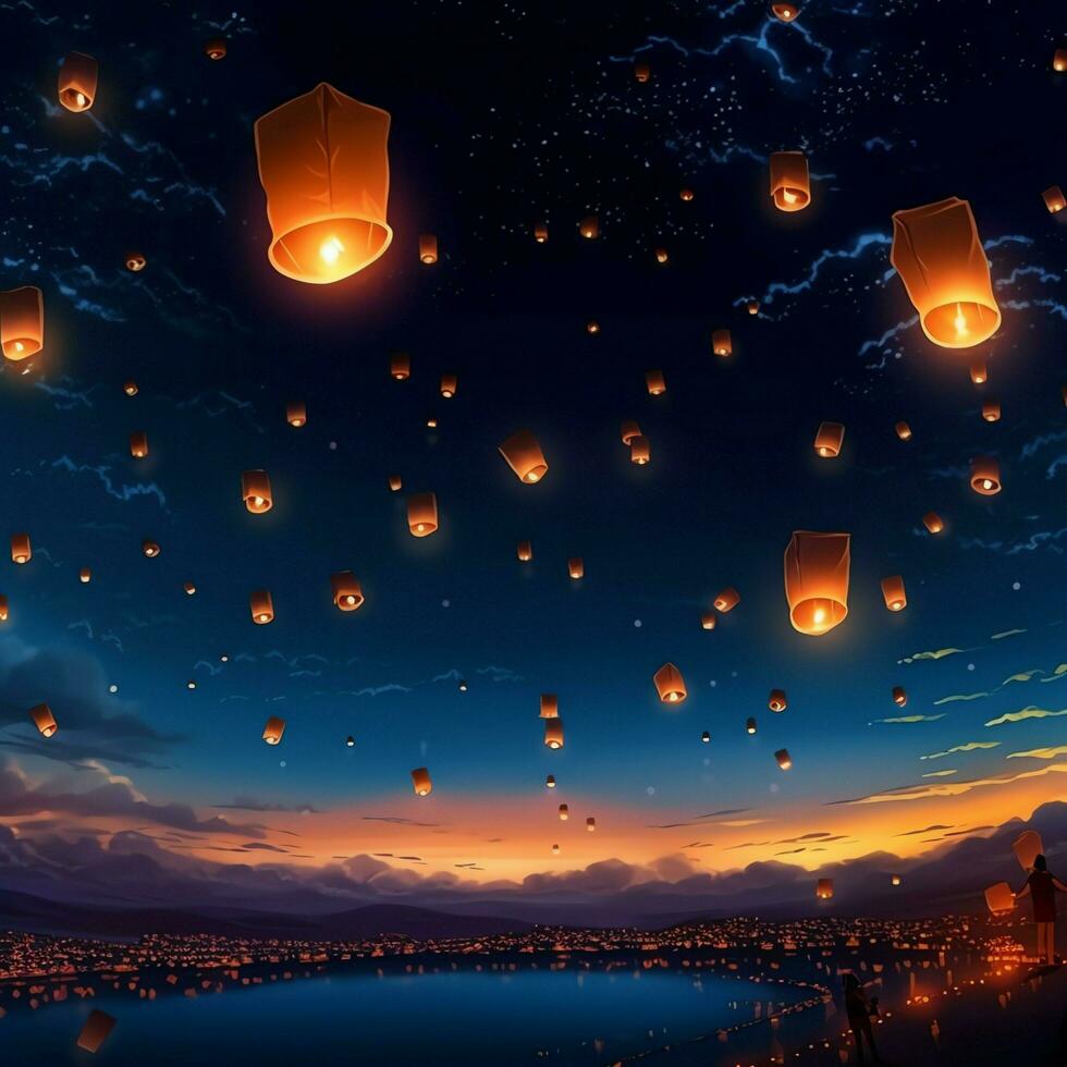 Flying lanterns in the night sky during the diwali festival india, yee peng or midautumn day in china concept by AI Generated photo
