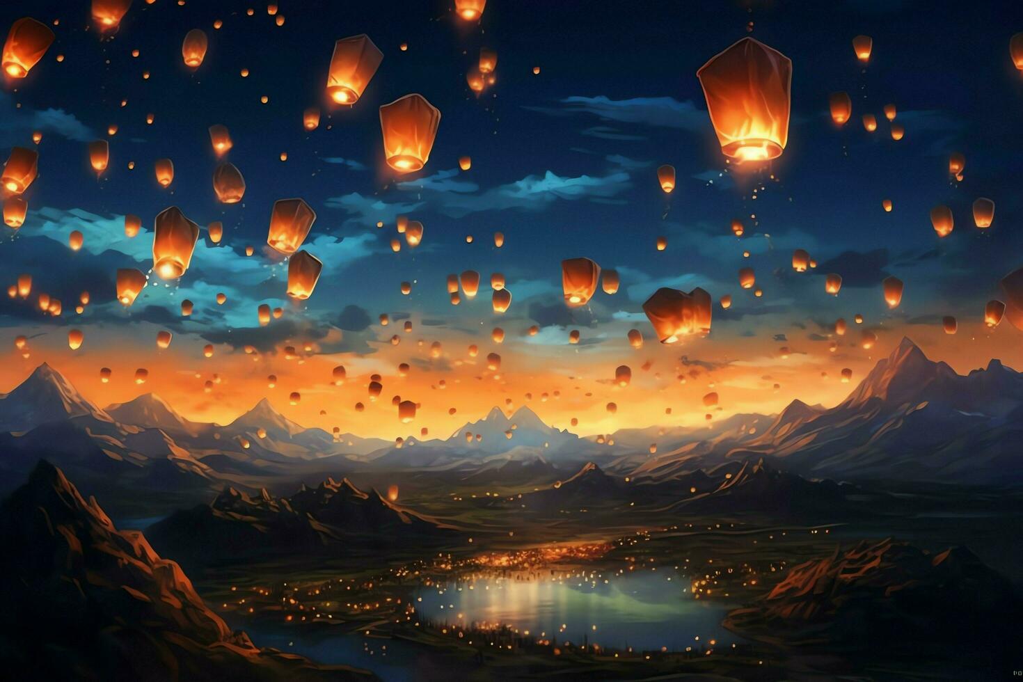 Flying lanterns in the night sky during the diwali festival india, yee peng or midautumn day in china concept by AI Generated photo