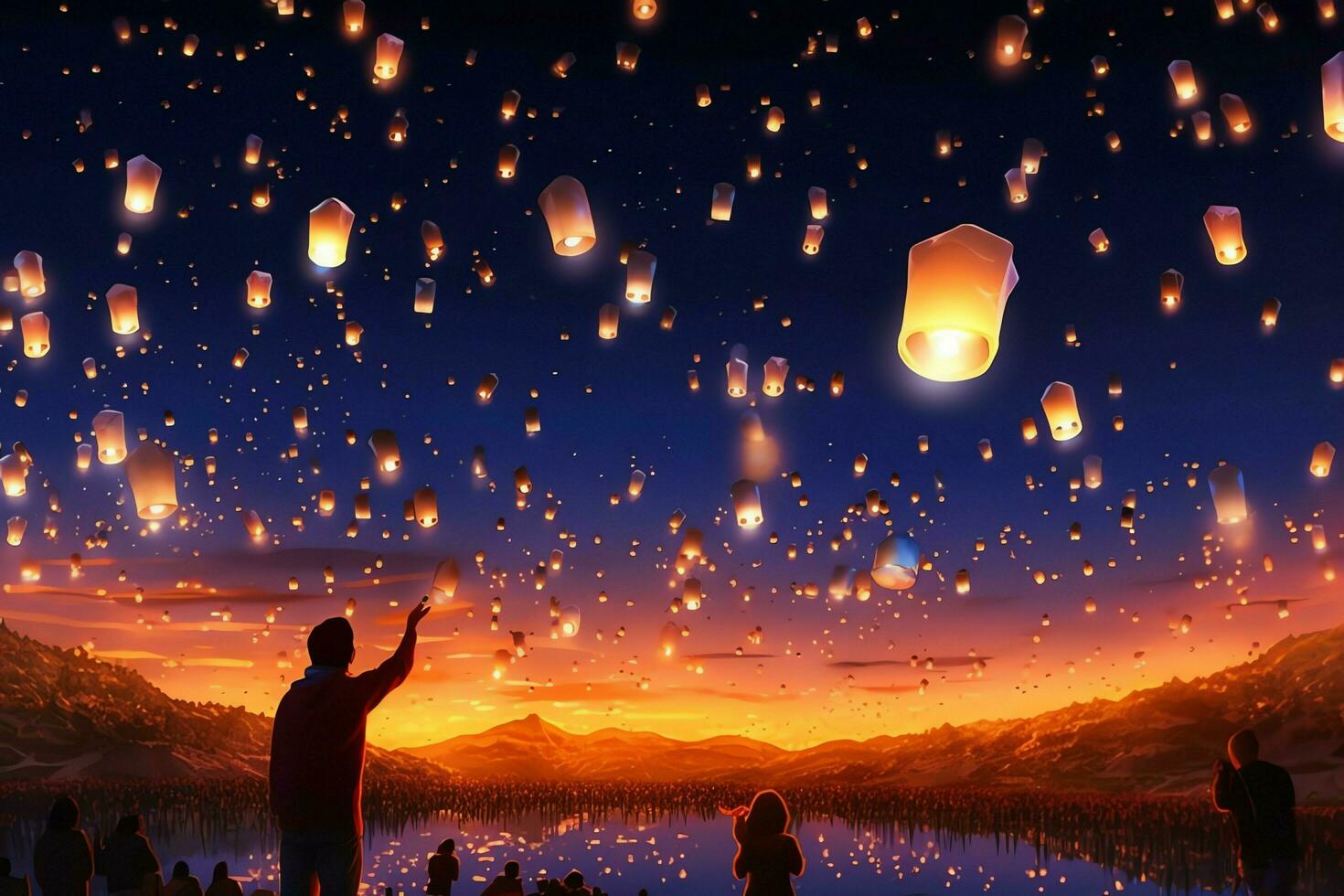 Flying lanterns in the night sky during the diwali festival india, yee peng or midautumn day in china concept by AI Generated photo