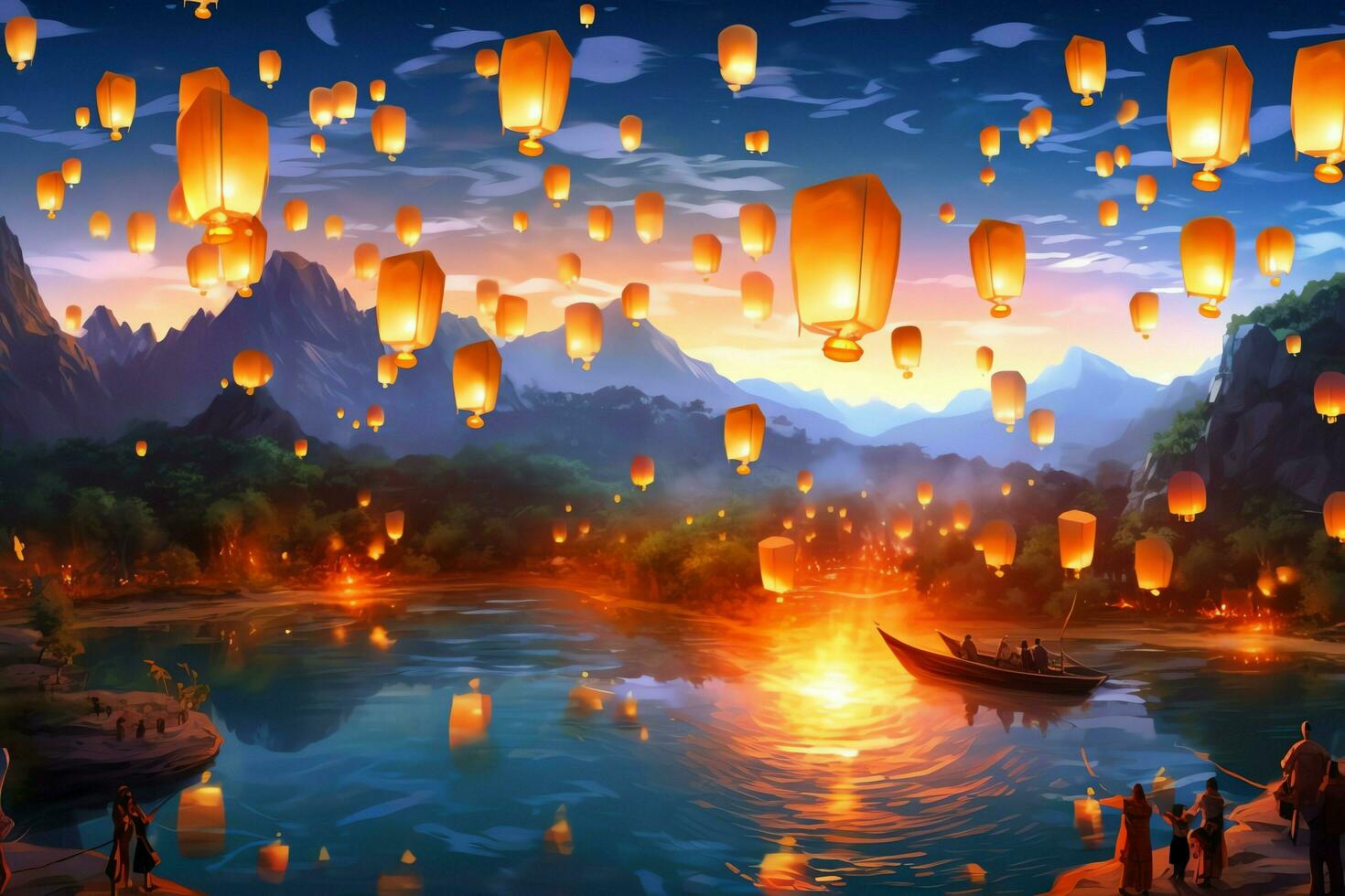 Flying lanterns in the night sky during the diwali festival india, yee peng or midautumn day in china concept by AI Generated photo