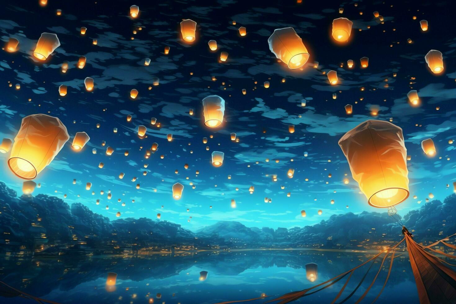 Flying lanterns in the night sky during the diwali festival india, yee peng or midautumn day in china concept by AI Generated photo