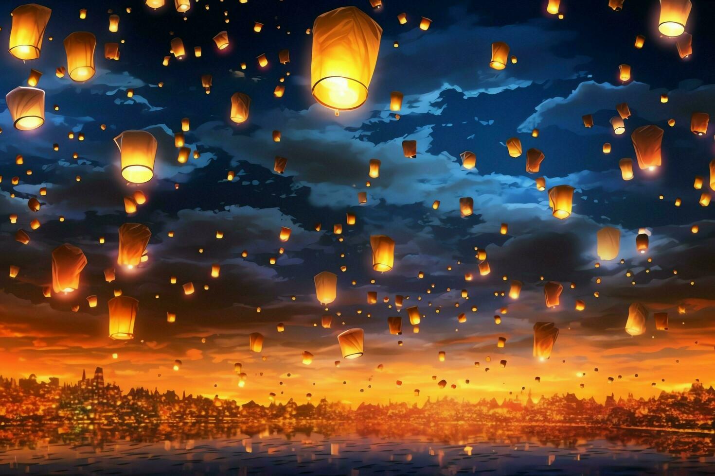 Flying lanterns in the night sky during the diwali festival india, yee peng or midautumn day in china concept by AI Generated photo