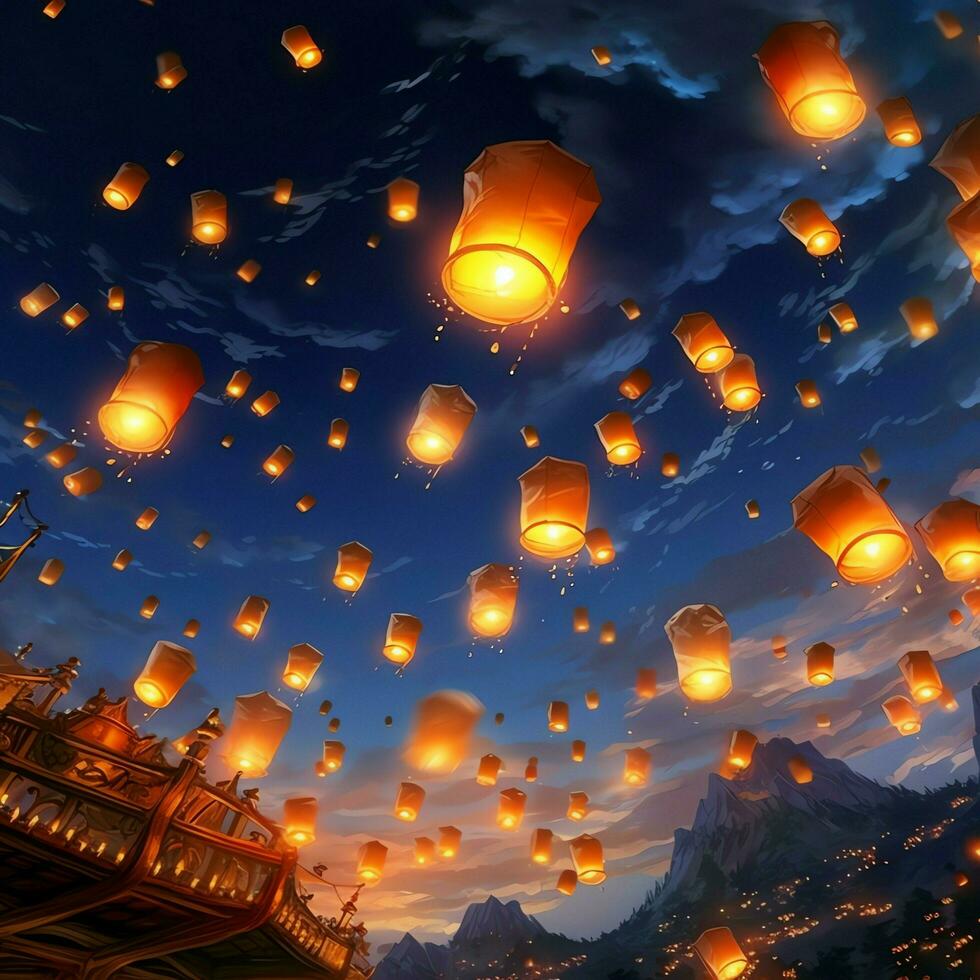 Flying lanterns in the night sky during the diwali festival india, yee peng or midautumn day in china concept by AI Generated photo