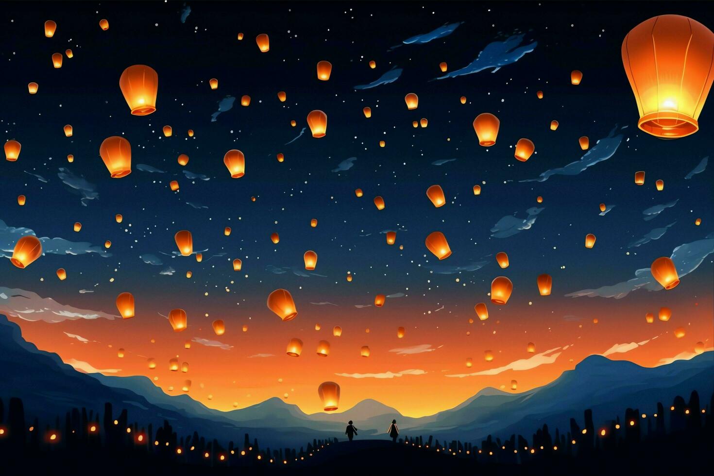 Flying lanterns in the night sky during the diwali festival india, yee peng or midautumn day in china concept by AI Generated photo
