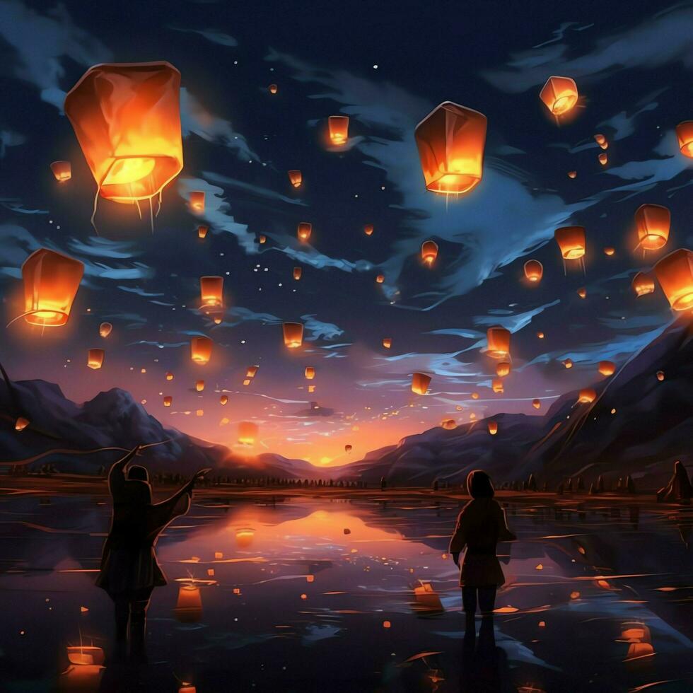Flying lanterns in the night sky during the diwali festival india, yee peng or midautumn day in china concept by AI Generated photo