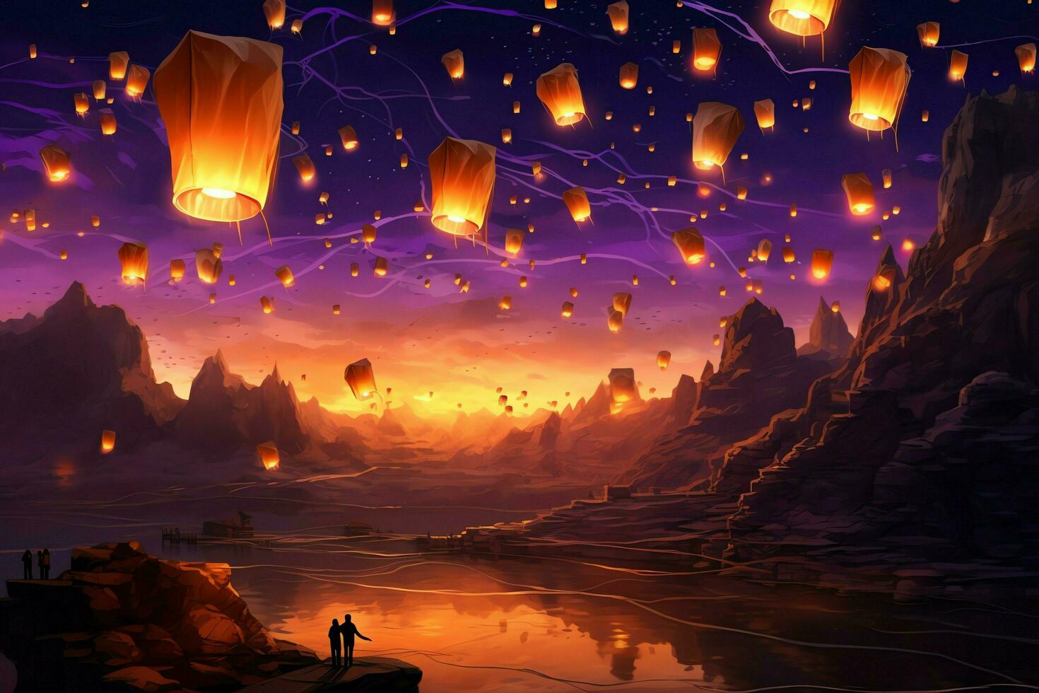 Flying lanterns in the night sky during the diwali festival india, yee peng or midautumn day in china concept by AI Generated photo