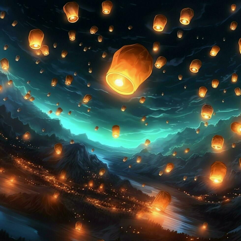 Flying lanterns in the night sky during the diwali festival india, yee peng or midautumn day in china concept by AI Generated photo