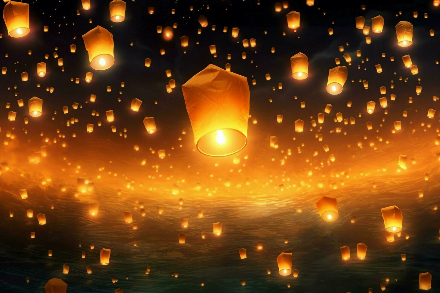 Flying lanterns in the night sky during the diwali festival india, yee peng or midautumn day in china concept by AI Generated photo