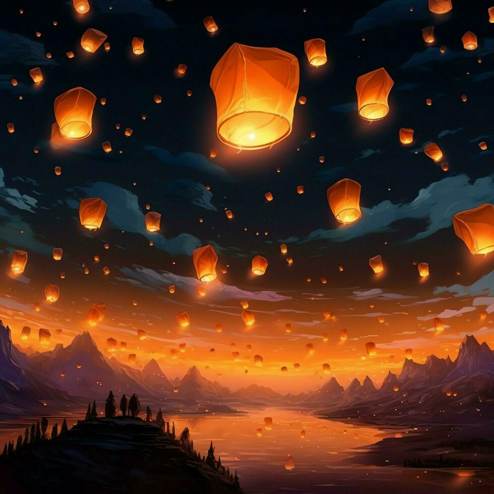Flying lanterns in the night sky during the diwali festival india, yee peng or midautumn day in china concept by AI Generated photo