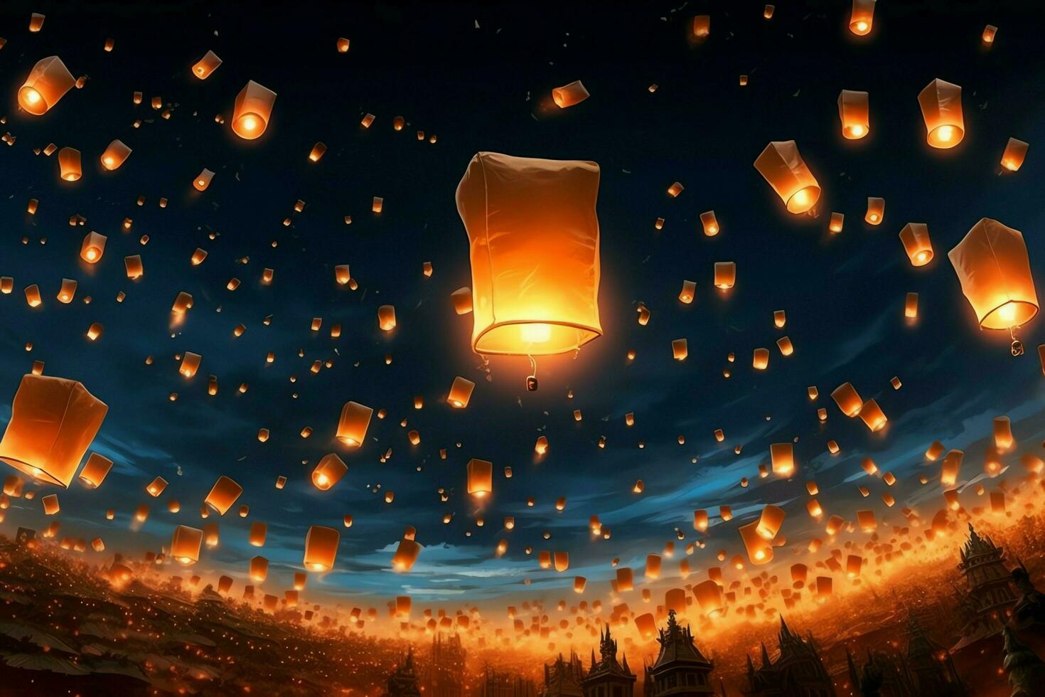 Flying lanterns in the night sky during the diwali festival india, yee peng or midautumn day in china concept by AI Generated photo