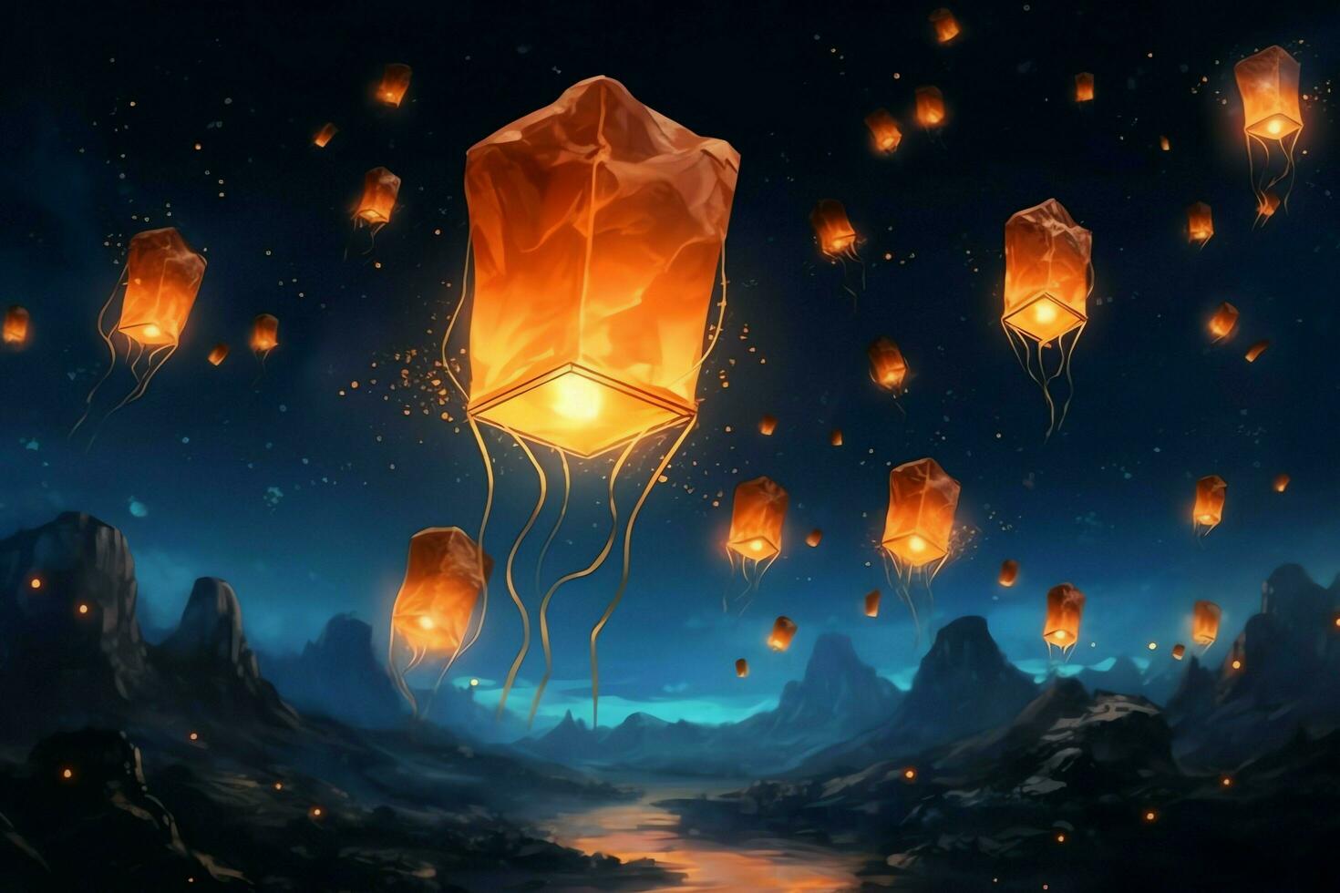 Flying lanterns in the night sky during the diwali festival india, yee peng or midautumn day in china concept by AI Generated photo