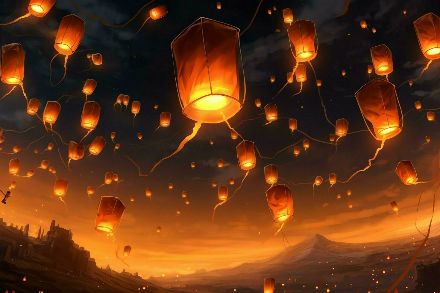 Flying lanterns in the night sky during the diwali festival india, yee peng or midautumn day in china concept by AI Generated photo