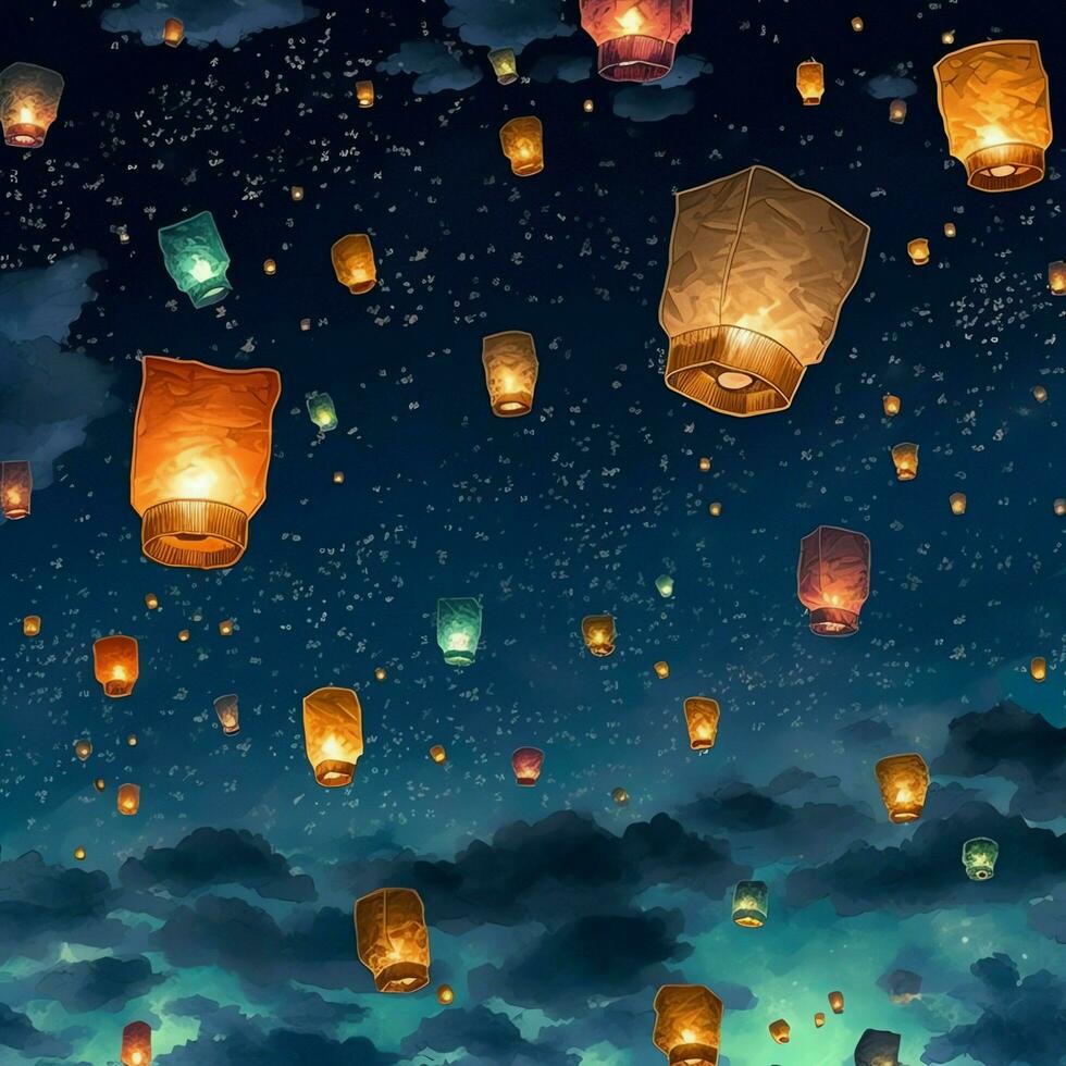 Flying lanterns in the night sky during the diwali festival india, yee peng or midautumn day in china concept by AI Generated photo