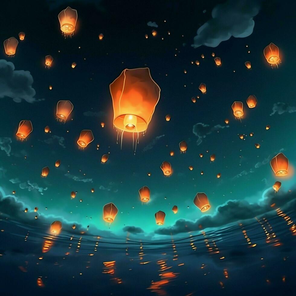 Flying lanterns in the night sky during the diwali festival india, yee peng or midautumn day in china concept by AI Generated photo