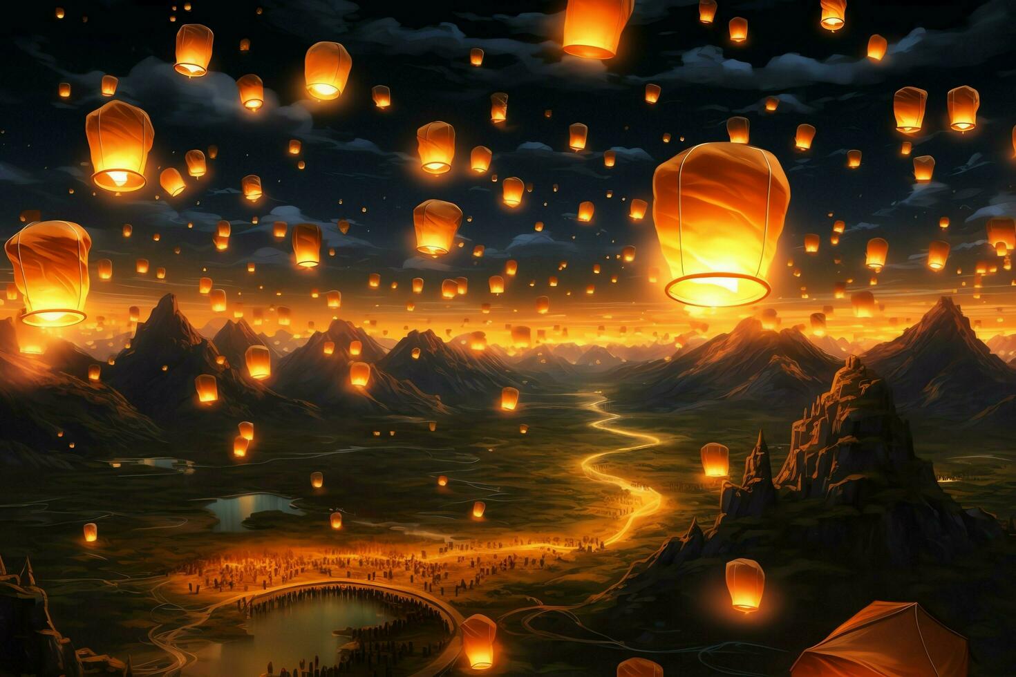 Flying lanterns in the night sky during the diwali festival india, yee peng or midautumn day in china concept by AI Generated photo
