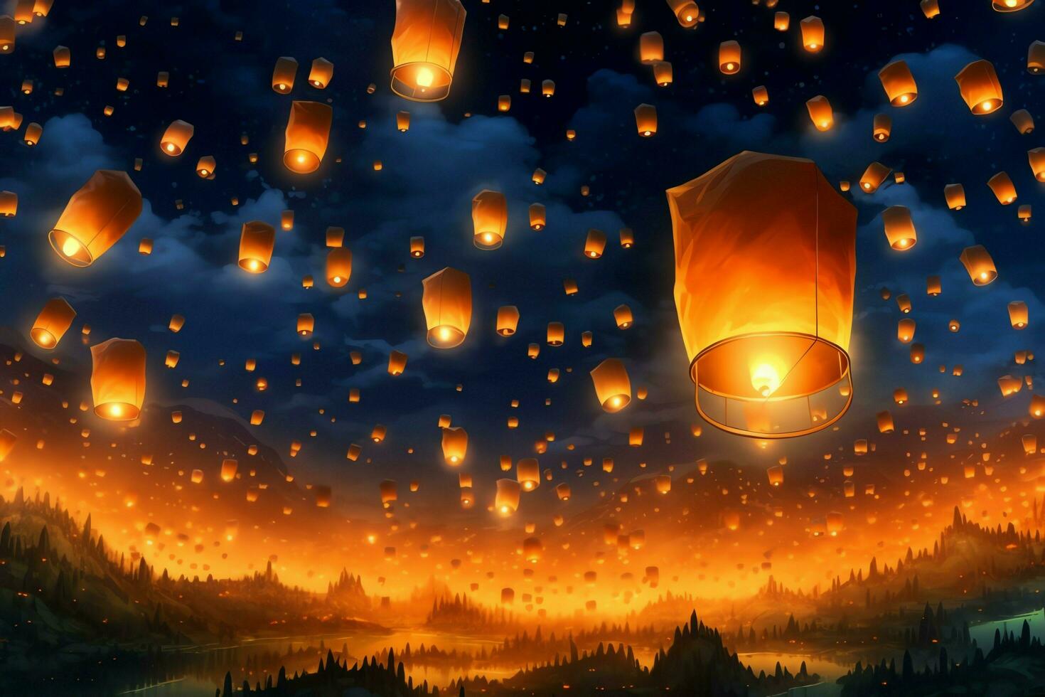 Flying lanterns in the night sky during the diwali festival india, yee peng or midautumn day in china concept by AI Generated photo