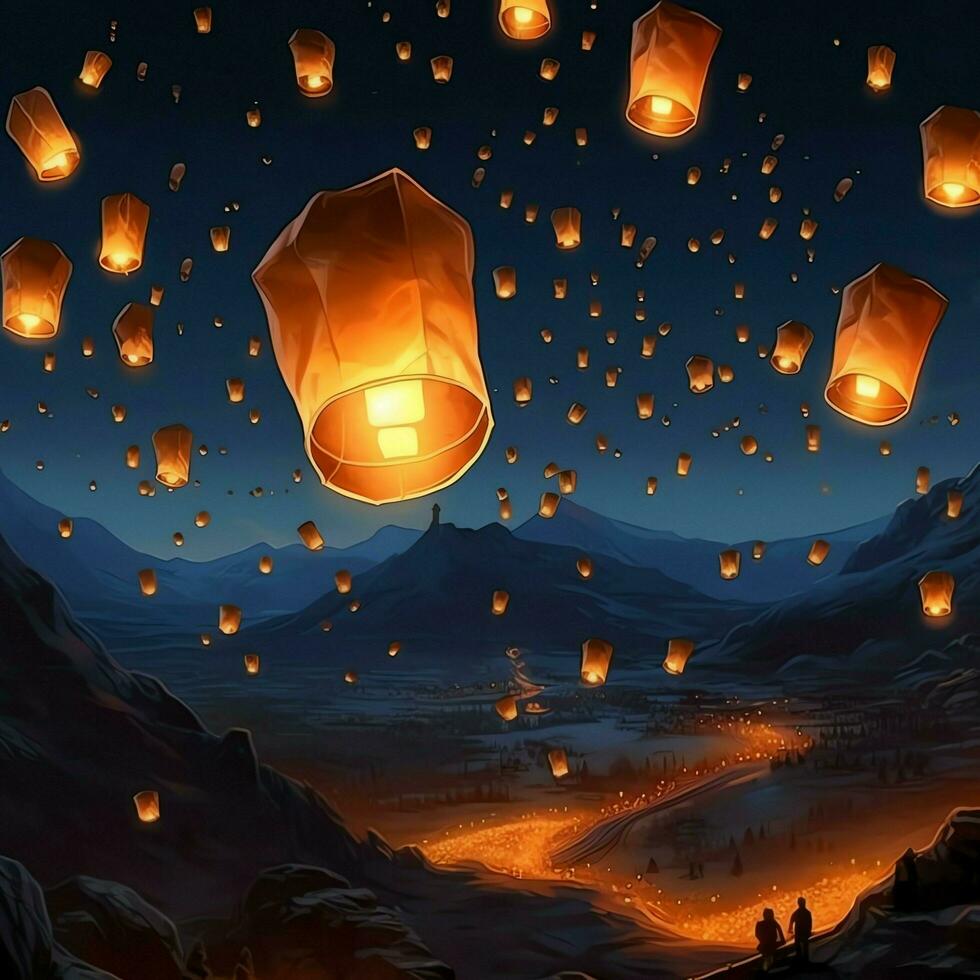 Flying lanterns in the night sky during the diwali festival india, yee peng or midautumn day in china concept by AI Generated photo