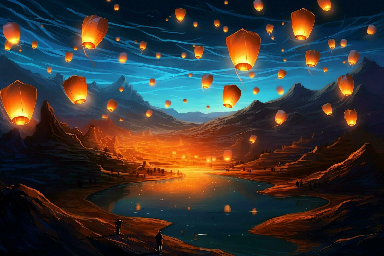 Flying lanterns in the night sky during the diwali festival india, yee peng or midautumn day in china concept by AI Generated photo