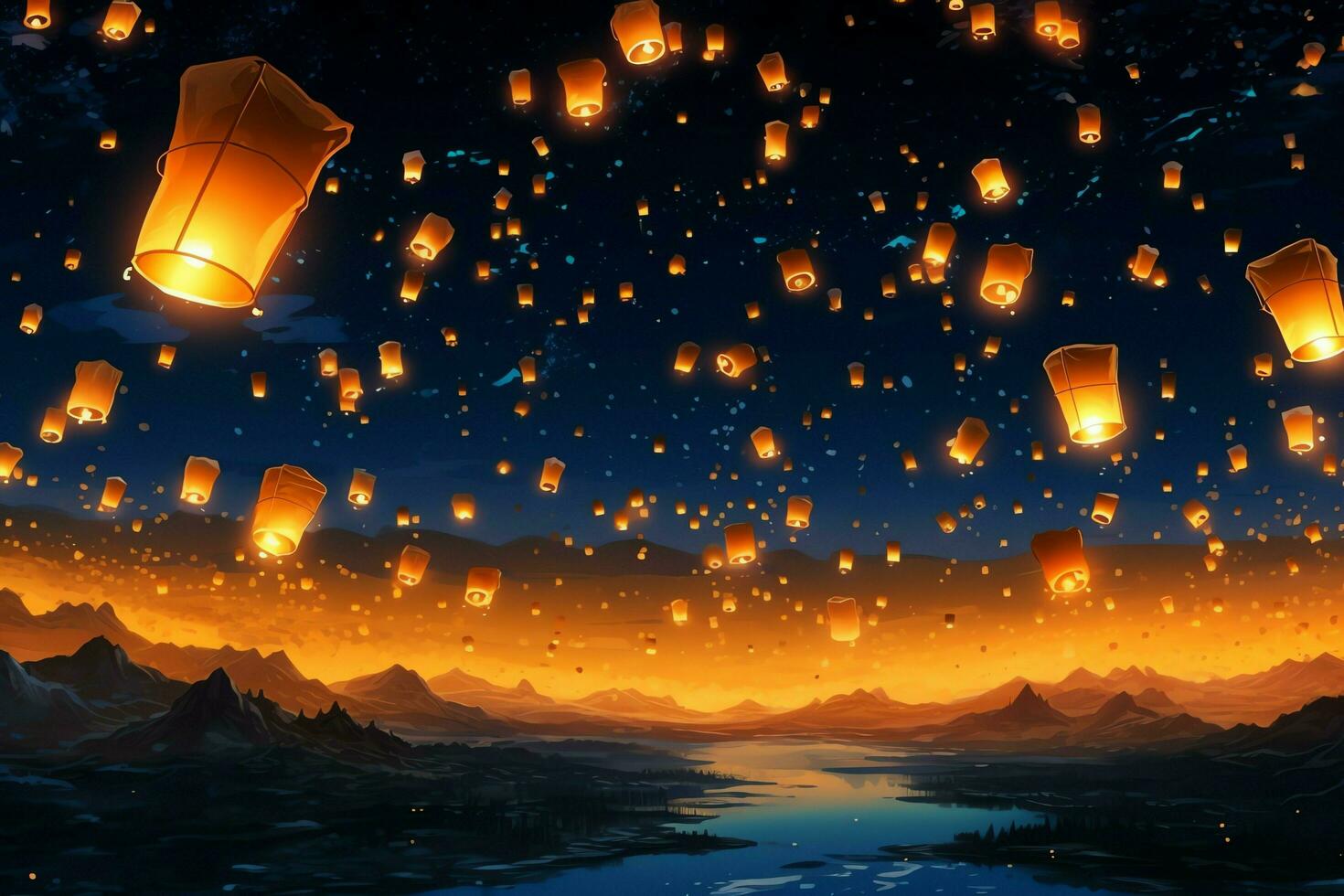 Flying lanterns in the night sky during the diwali festival india, yee peng or midautumn day in china concept by AI Generated photo