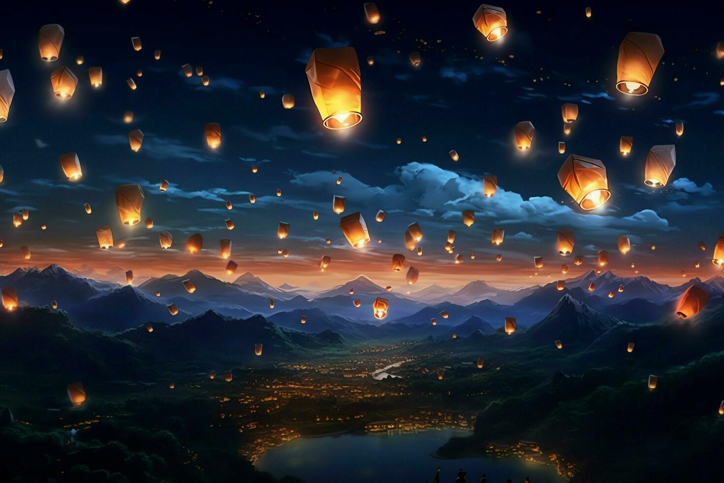 Flying lanterns in the night sky during the diwali festival india, yee peng or midautumn day in china concept by AI Generated photo