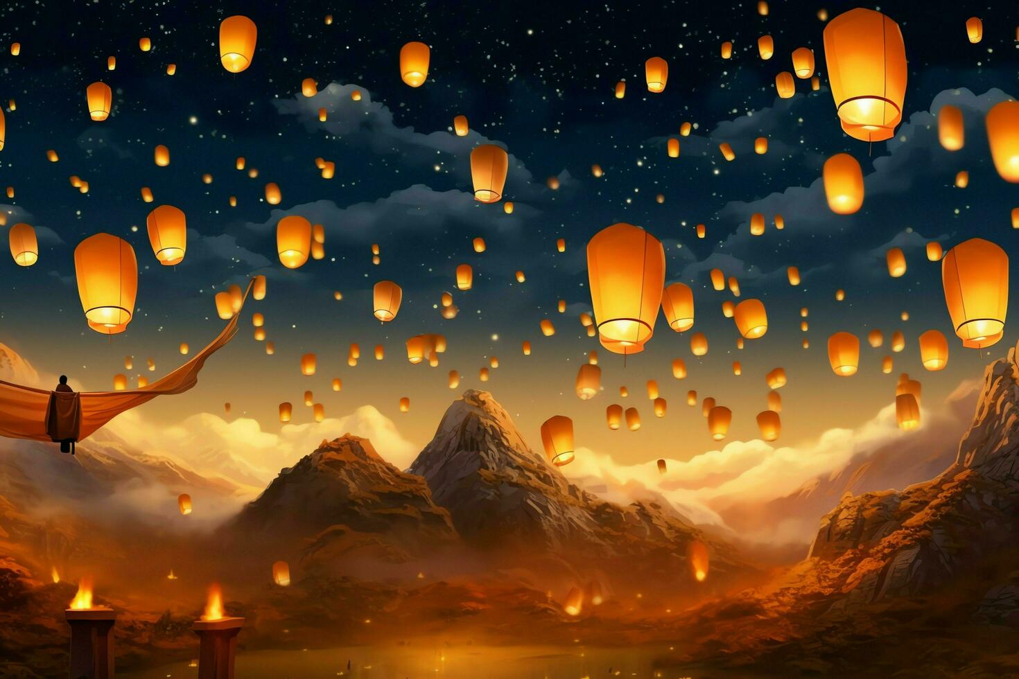 Flying lanterns in the night sky during the diwali festival india, yee peng or midautumn day in china concept by AI Generated photo