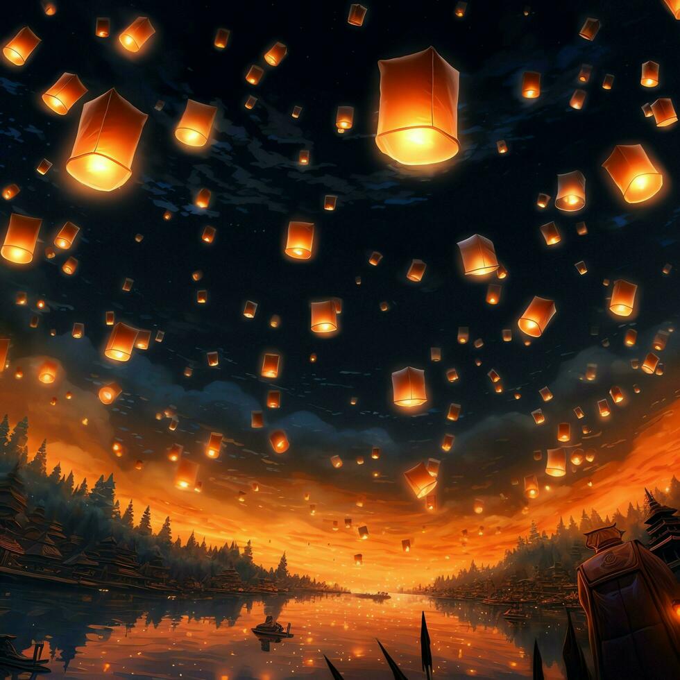 Flying lanterns in the night sky during the diwali festival india, yee peng or midautumn day in china concept by AI Generated photo