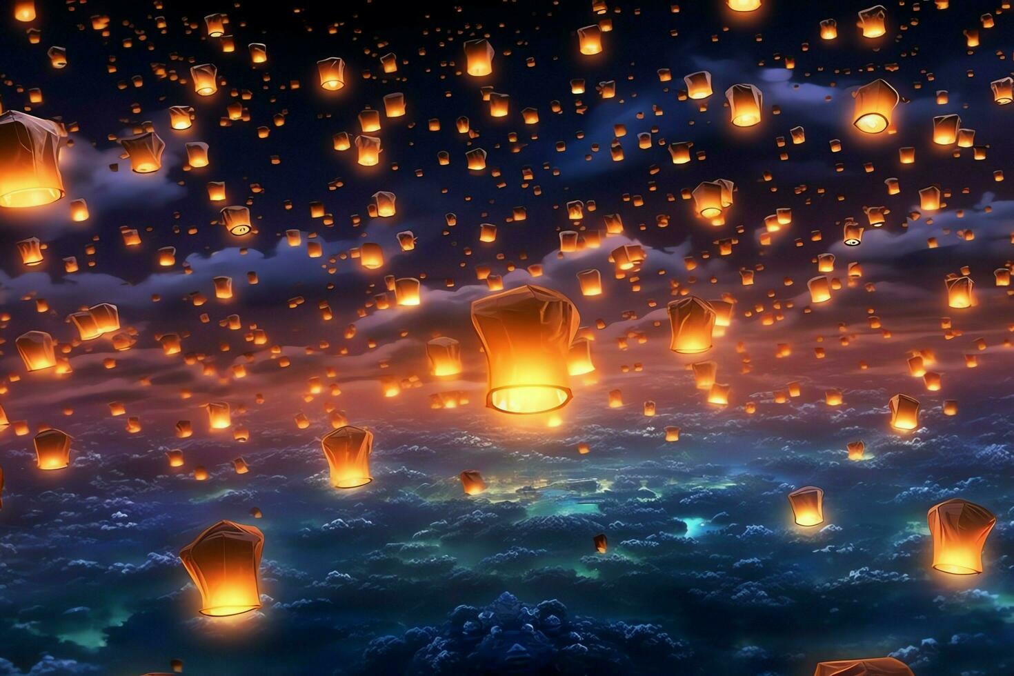 Flying lanterns in the night sky during the diwali festival india, yee peng or midautumn day in china concept by AI Generated photo