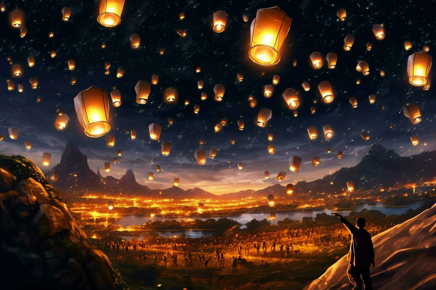 Flying lanterns in the night sky during the diwali festival india, yee peng or midautumn day in china concept by AI Generated photo