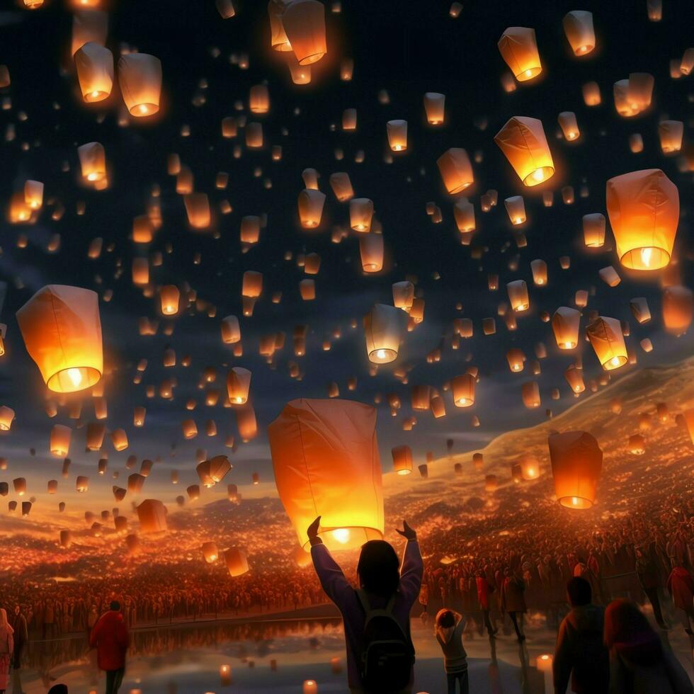 Flying lanterns in the night sky during the diwali festival india, yee peng or midautumn day in china concept by AI Generated photo