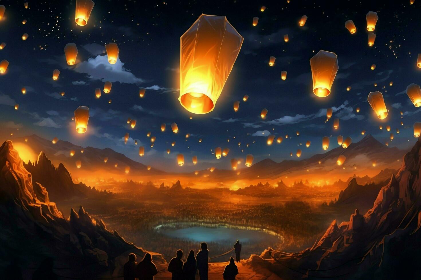 Flying lanterns in the night sky during the diwali festival india, yee peng or midautumn day in china concept by AI Generated photo
