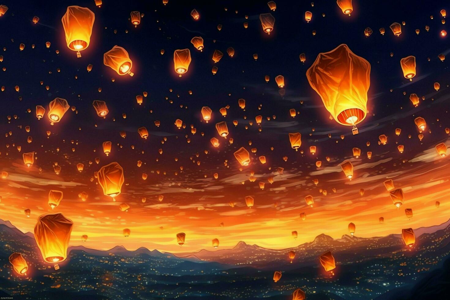 Flying lanterns in the night sky during the diwali festival india, yee peng or midautumn day in china concept by AI Generated photo