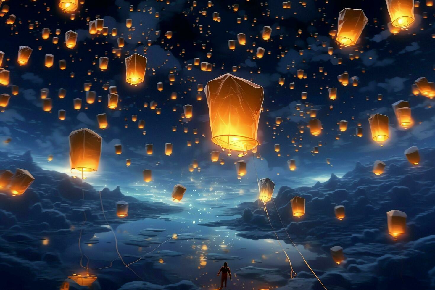 Flying lanterns in the night sky during the diwali festival india, yee peng or midautumn day in china concept by AI Generated photo