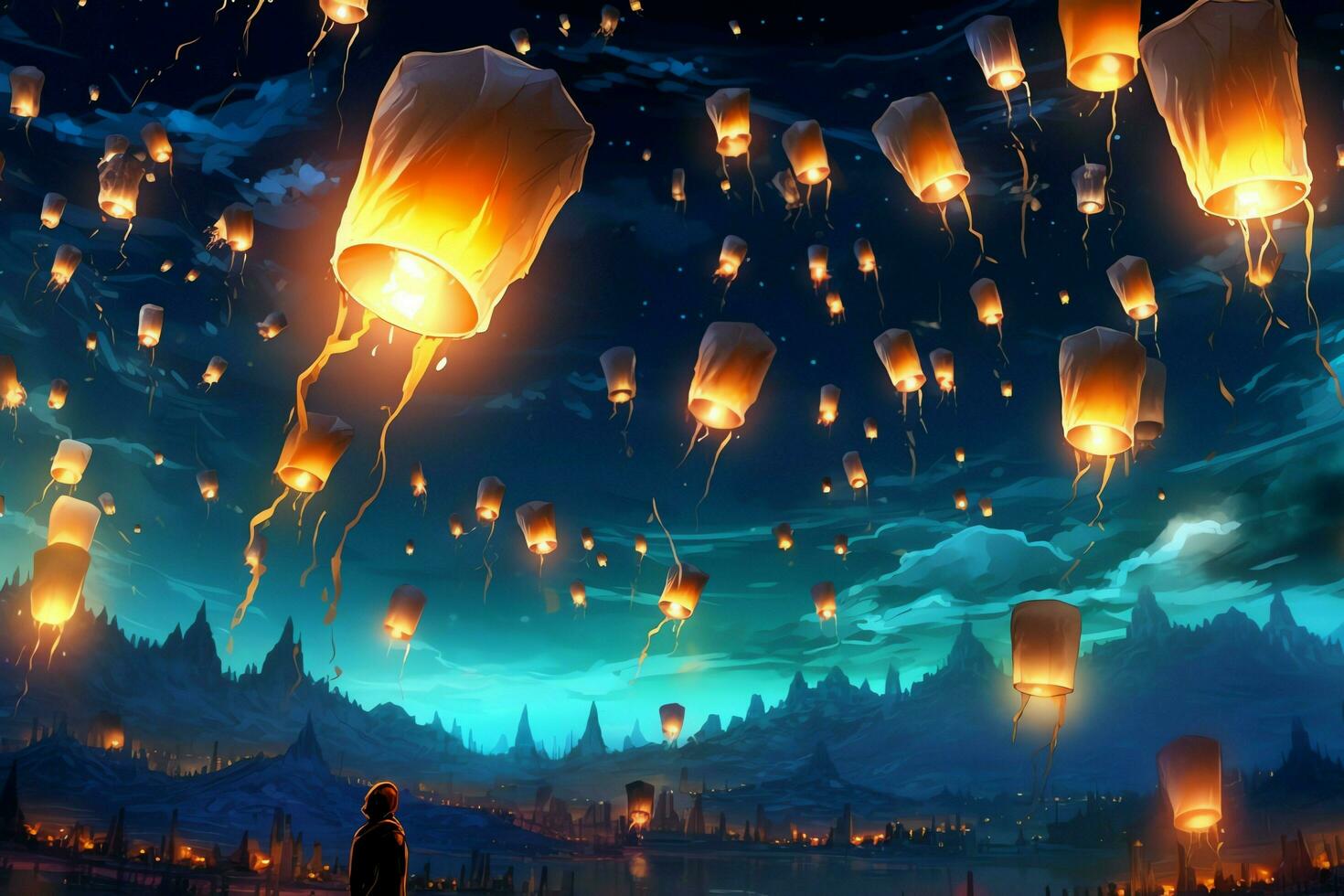 Flying lanterns in the night sky during the diwali festival india, yee peng or midautumn day in china concept by AI Generated photo