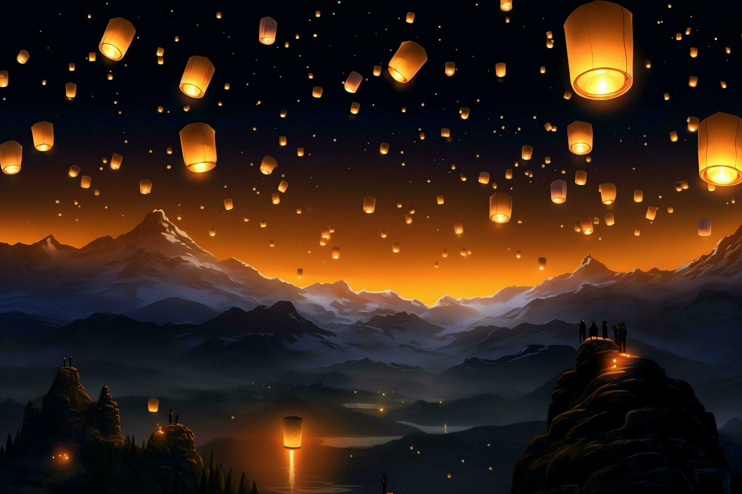 Flying lanterns in the night sky during the diwali festival india, yee peng or midautumn day in china concept by AI Generated photo