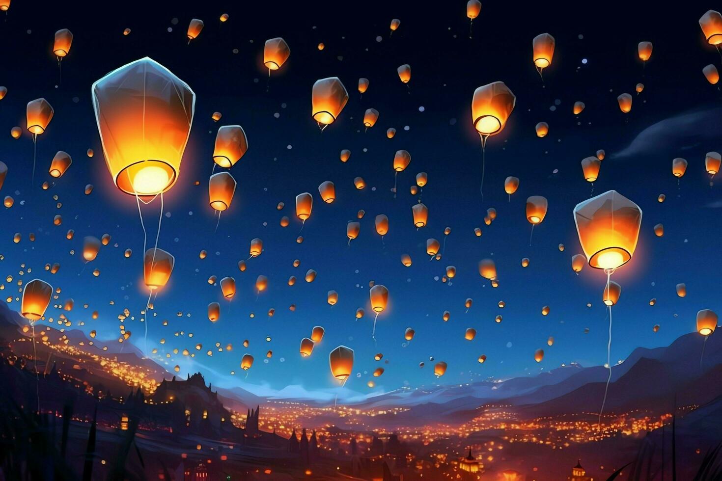 Flying lanterns in the night sky during the diwali festival india, yee peng or midautumn day in china concept by AI Generated photo