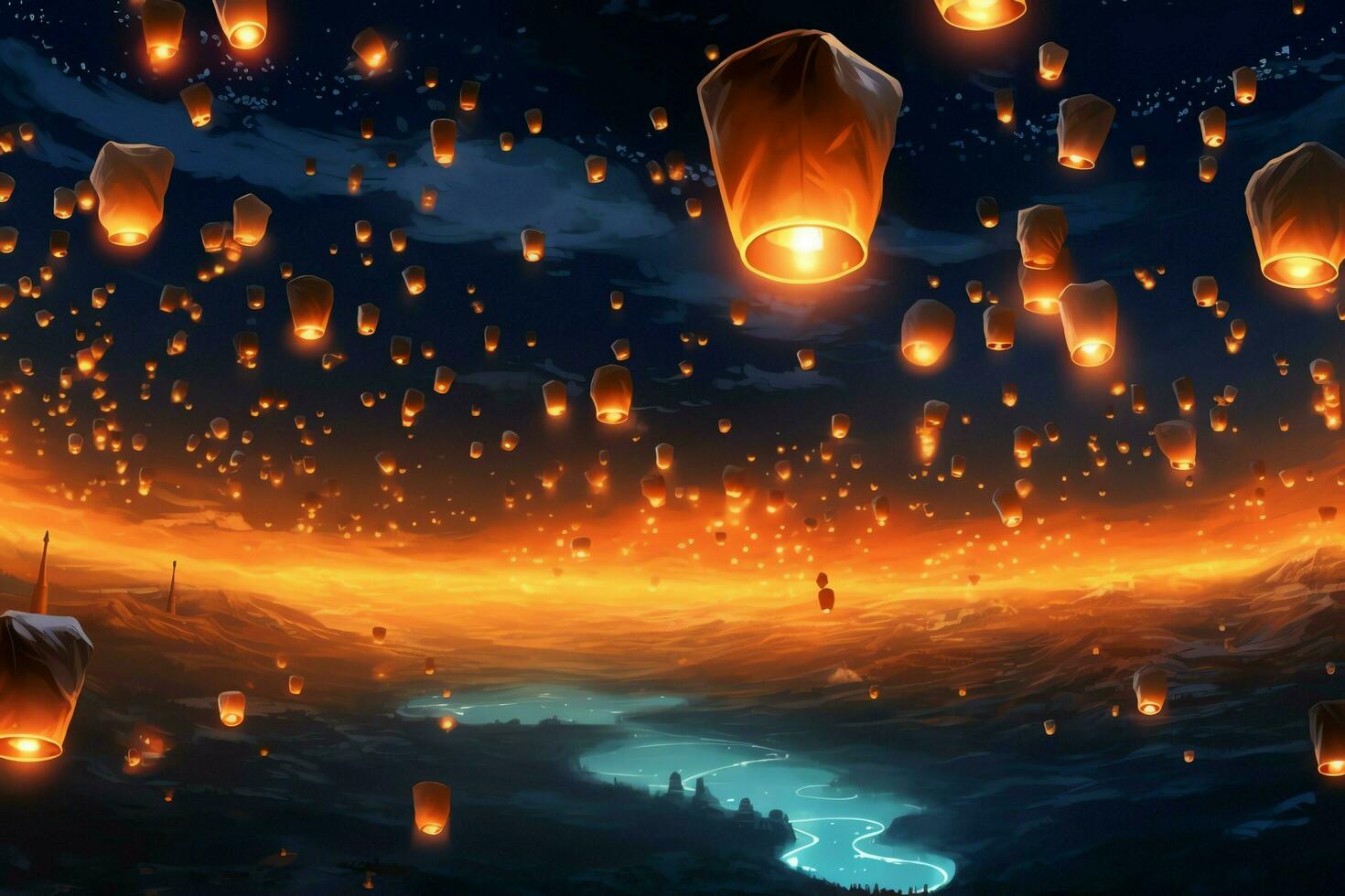 Flying lanterns in the night sky during the diwali festival india, yee peng or midautumn day in china concept by AI Generated photo