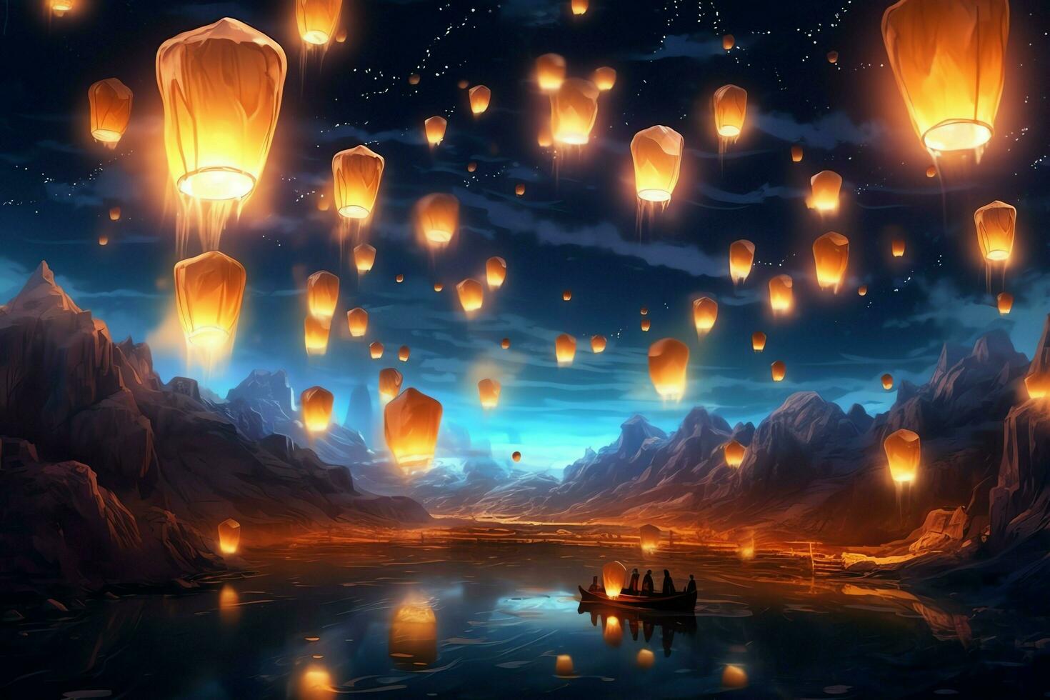 Flying lanterns in the night sky during the diwali festival india, yee peng or midautumn day in china concept by AI Generated photo
