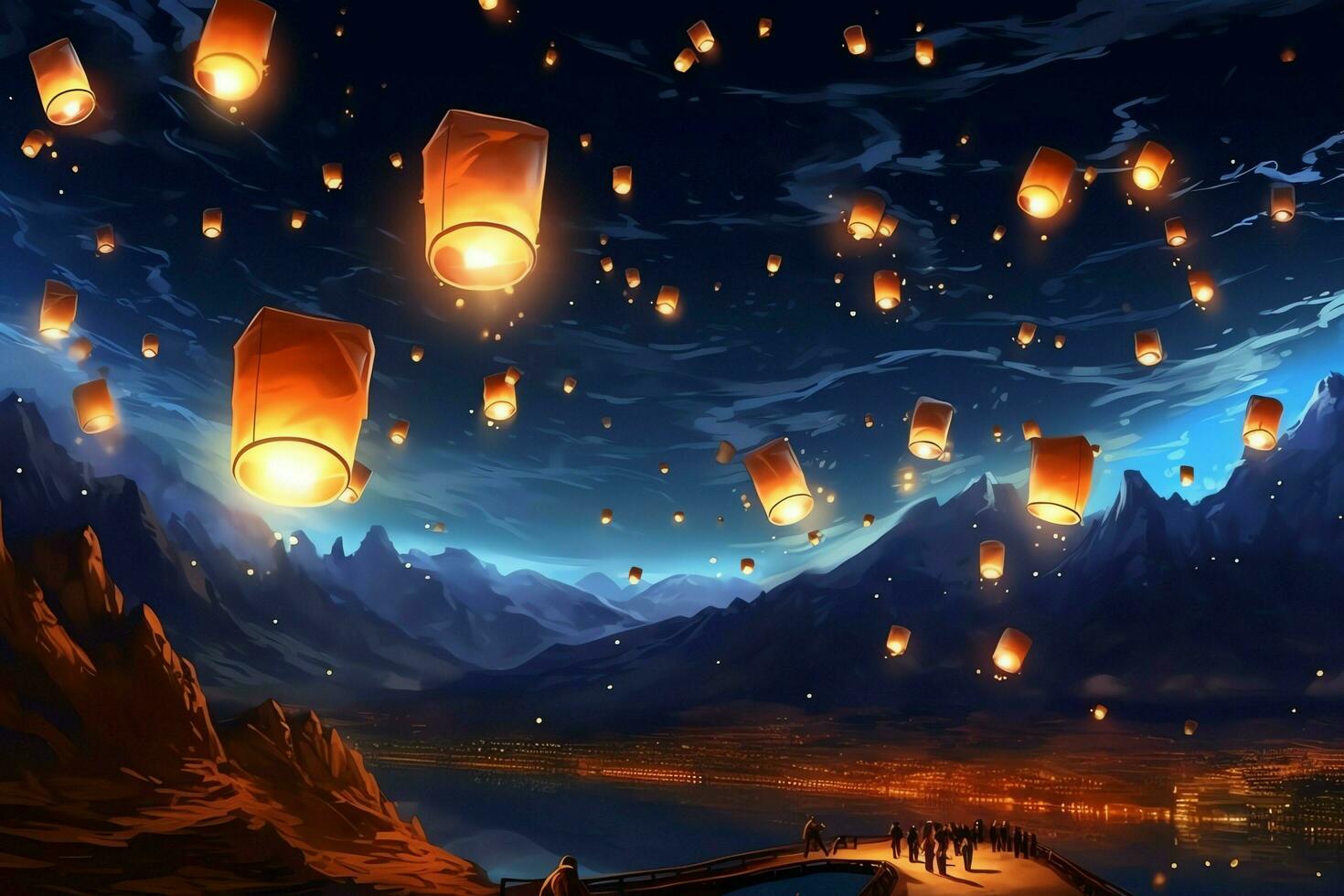 Flying lanterns in the night sky during the diwali festival india, yee peng or midautumn day in china concept by AI Generated photo