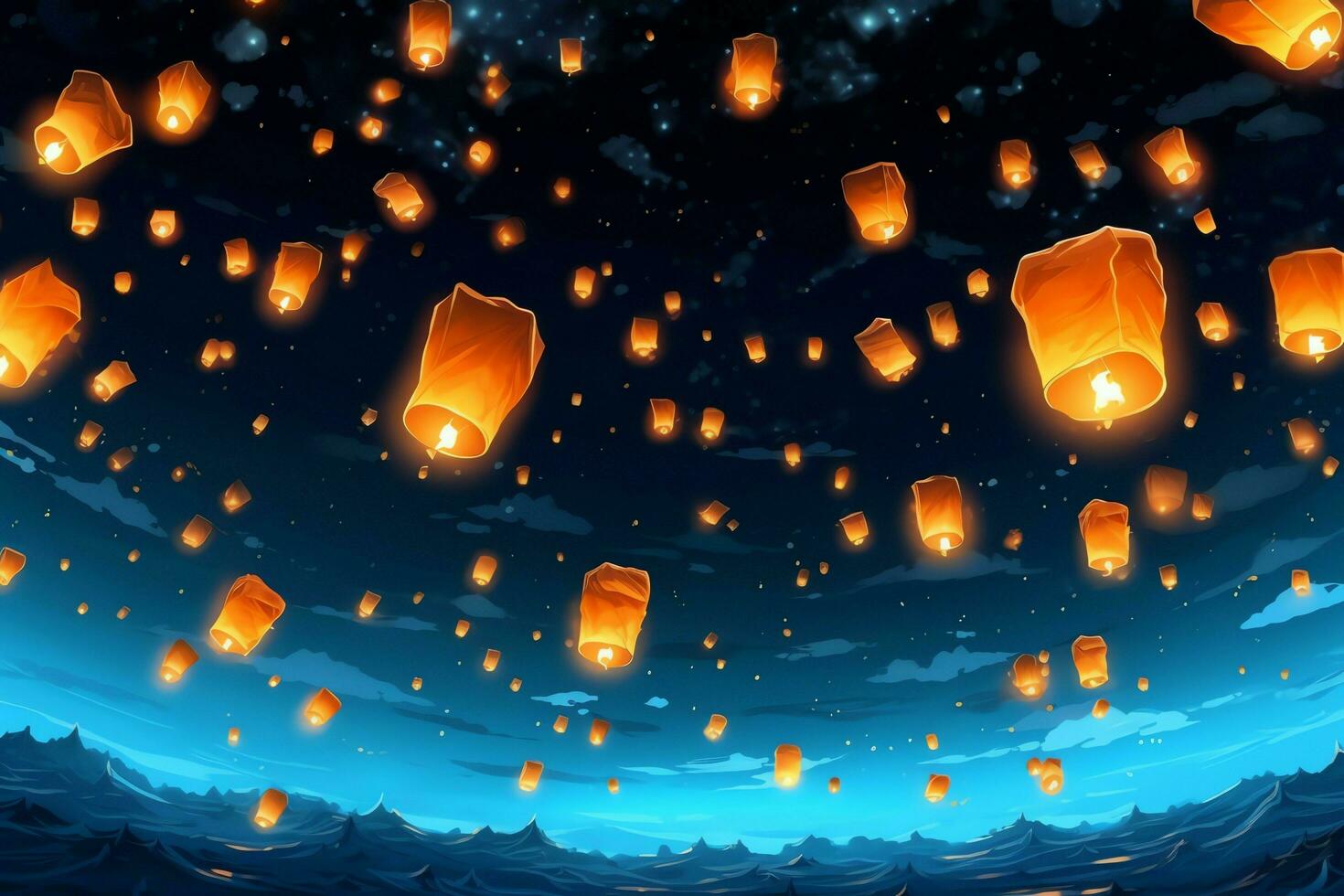 Flying lanterns in the night sky during the diwali festival india, yee peng or midautumn day in china concept by AI Generated photo