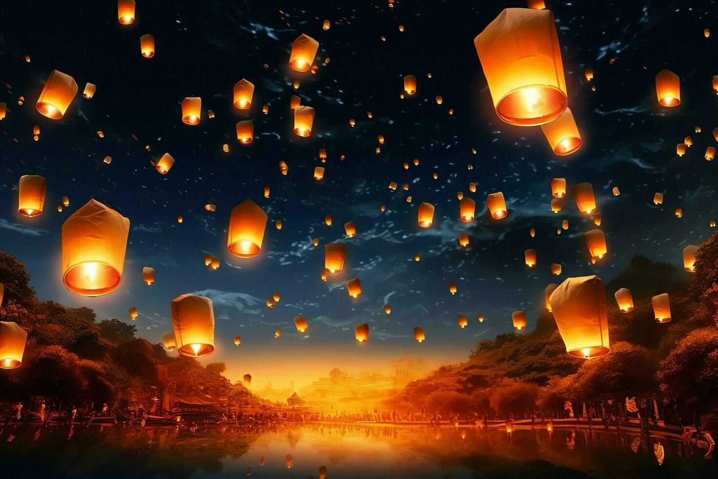 Flying lanterns in the night sky during the diwali festival india, yee peng or midautumn day in china concept by AI Generated photo