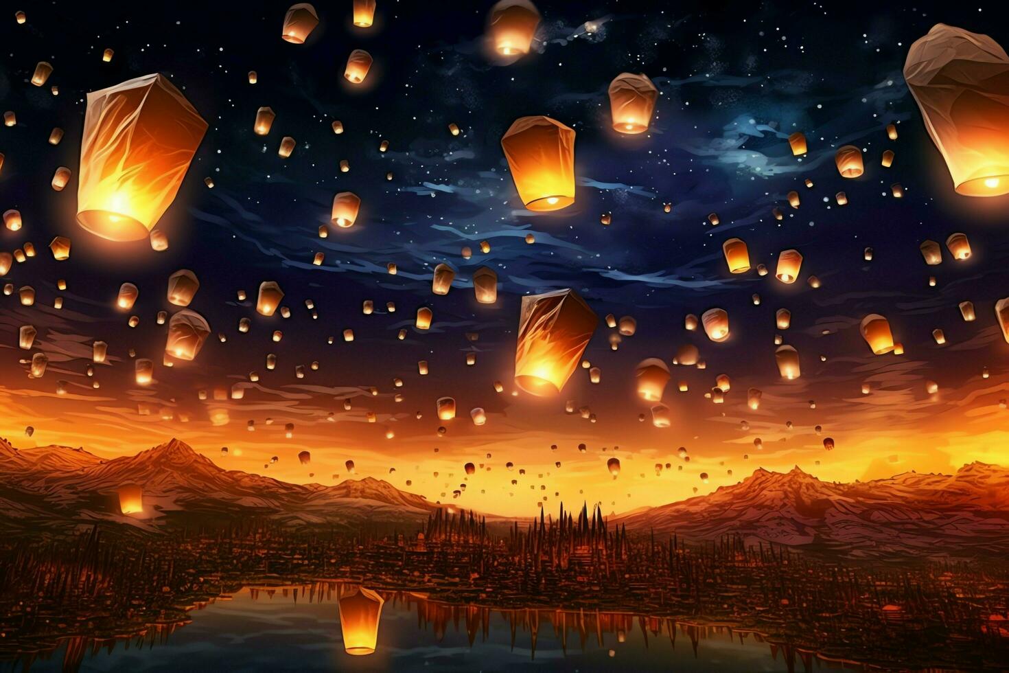 Flying lanterns in the night sky during the diwali festival india, yee peng or midautumn day in china concept by AI Generated photo