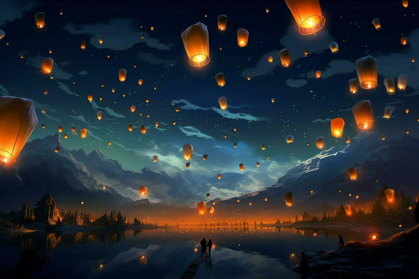 Flying lanterns in the night sky during the diwali festival india, yee peng or midautumn day in china concept by AI Generated photo